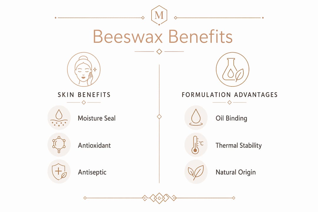 Infographic comparing beeswax benefits in skincare and formulation