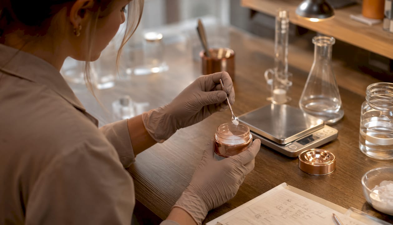 Lab hands mixing Polish foot care micro-particles