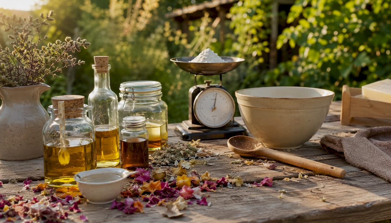 Overhead view of soapmaking ingredients and tools on wooden table