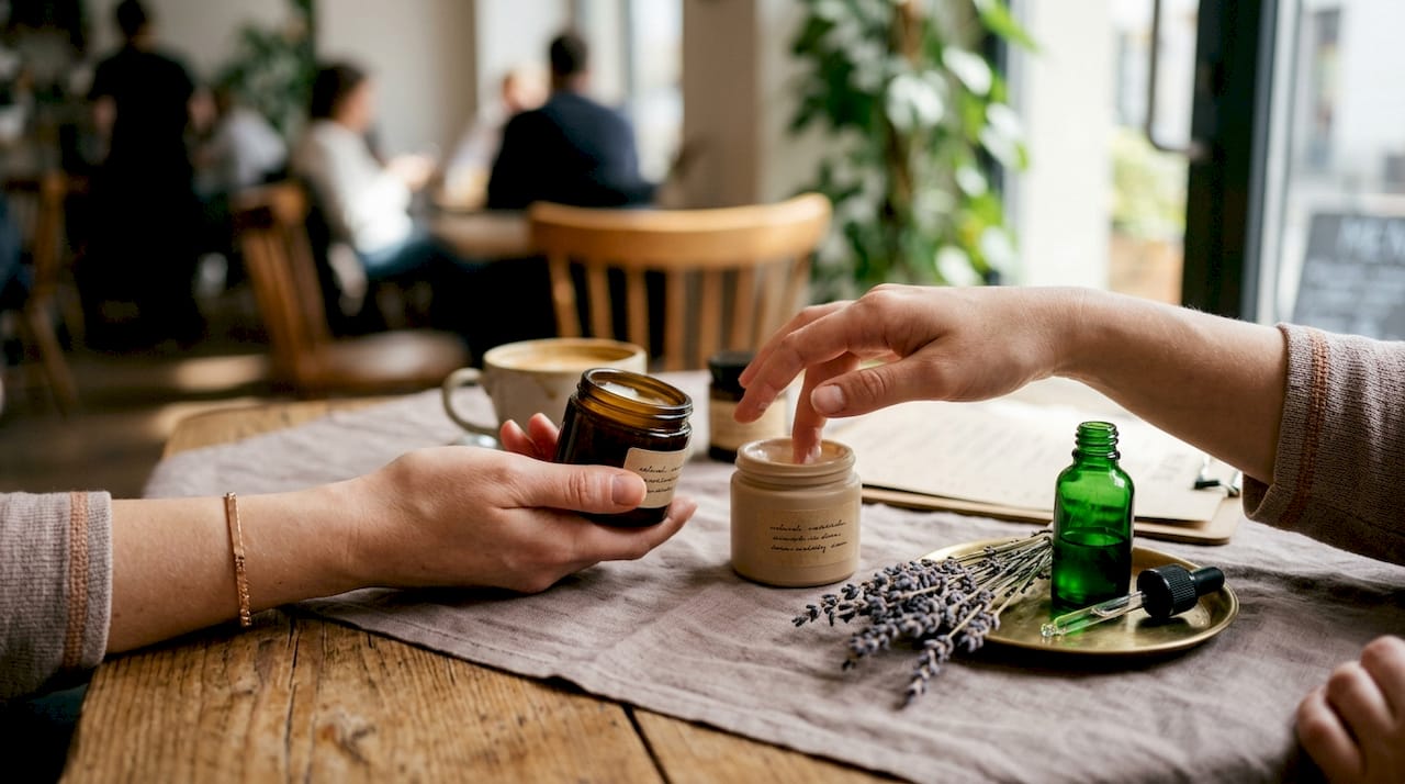 Hands comparing two Polish skincare cream jars