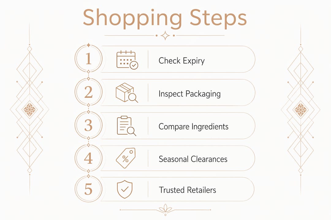 Infographic outlining steps to shop end-of-line cosmetics