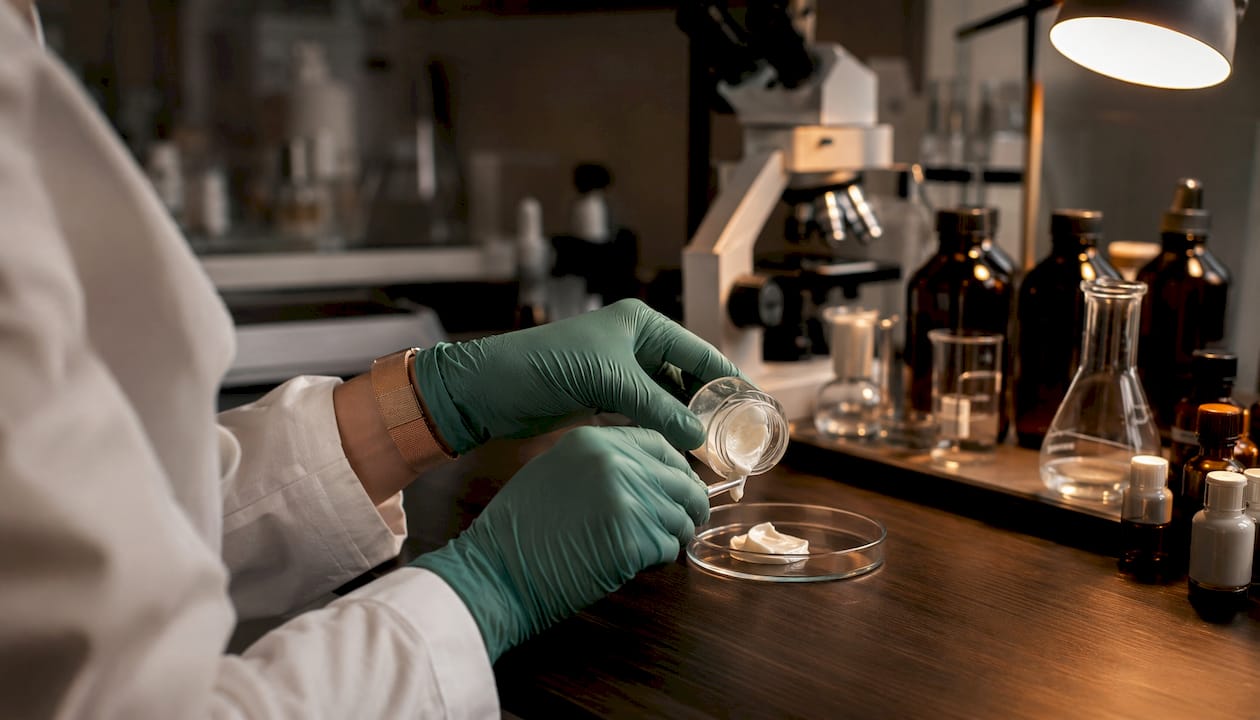 Hands preparing cosmetic safety test sample in lab