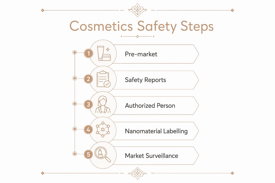 Infographic illustrating European cosmetics safety steps