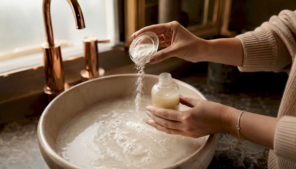 Hands adjusting shampoo thickness with thickener powder