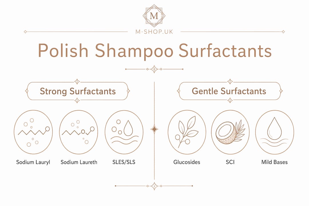Infographic comparing strong and gentle shampoo surfactants