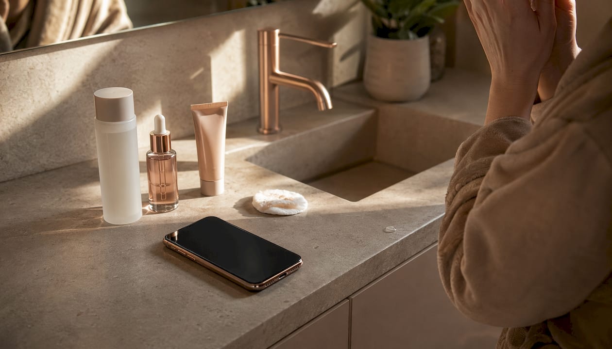 Timer and skincare products on countertop