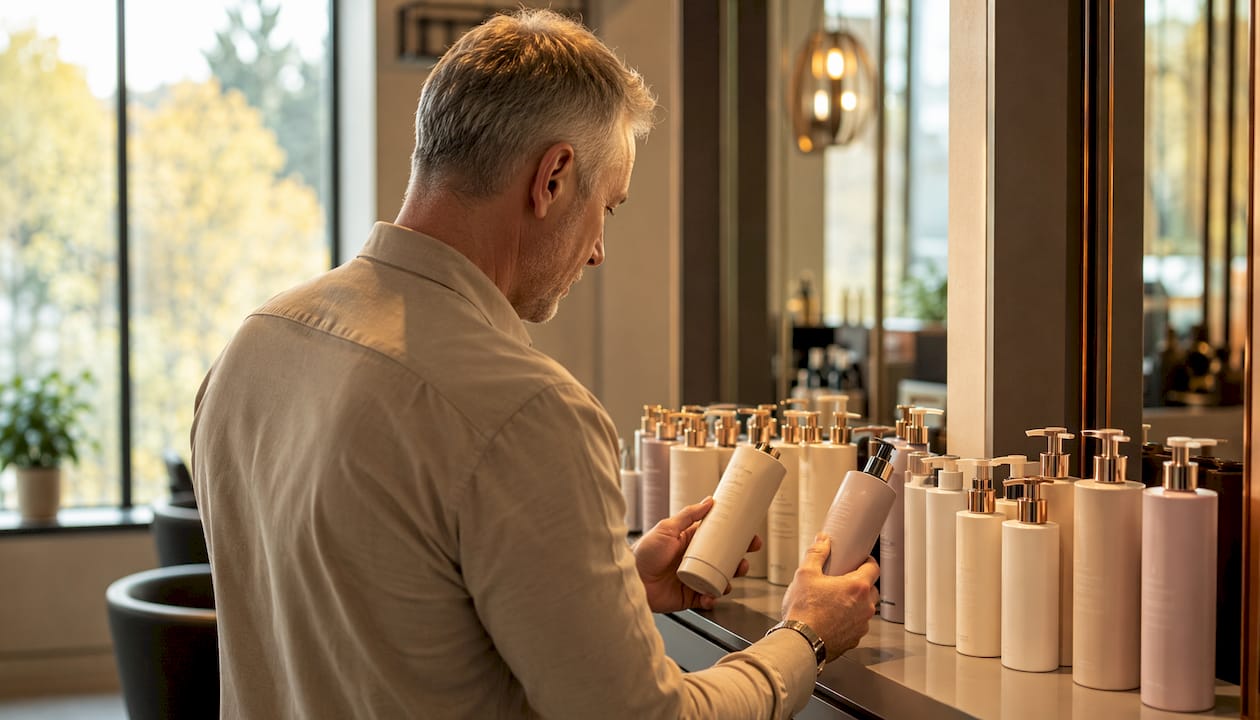 Man selecting shampoo for specific hair concerns