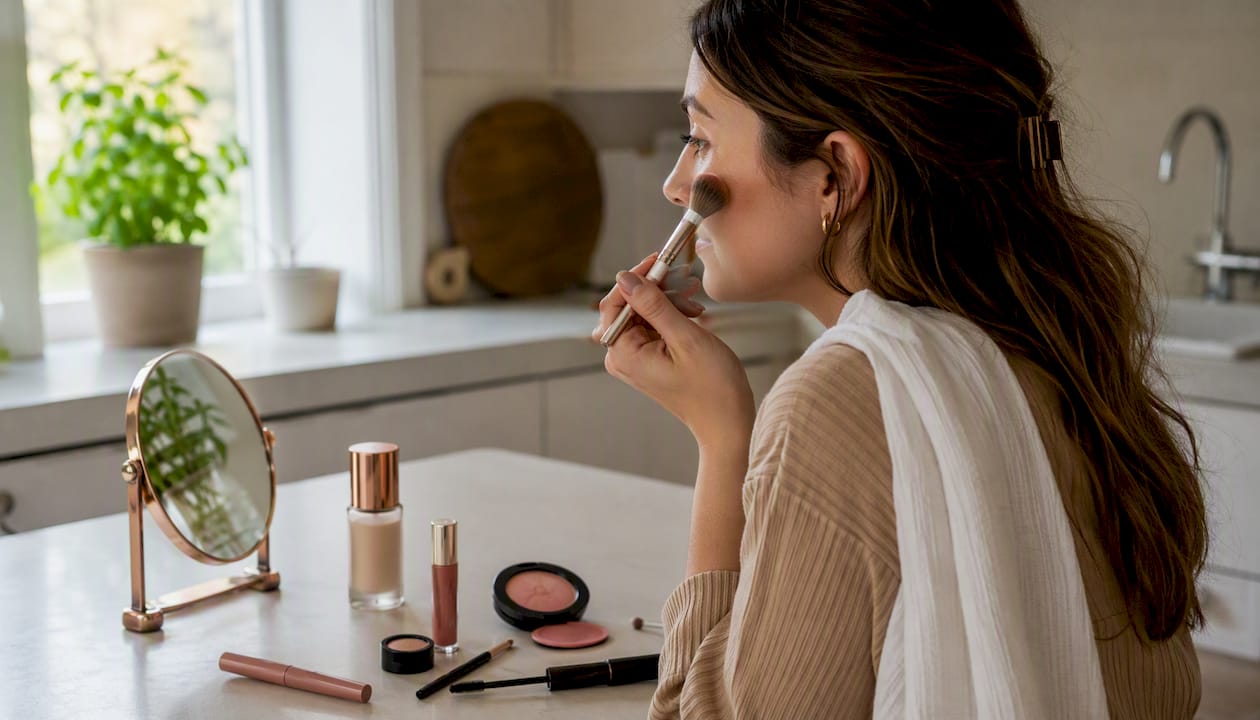 Woman applying blush at home vanity