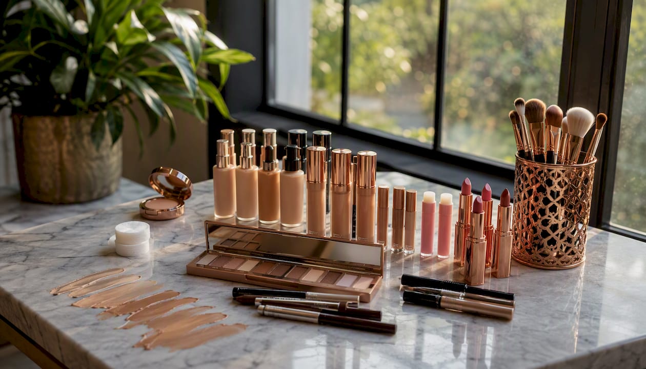 Overhead view of categorized makeup products on wooden table