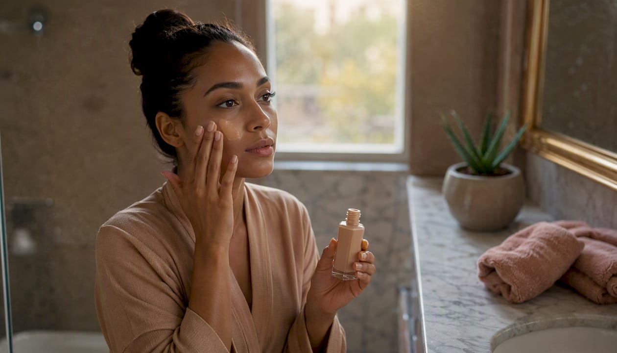 Hydrating foundation bottle with skincare props