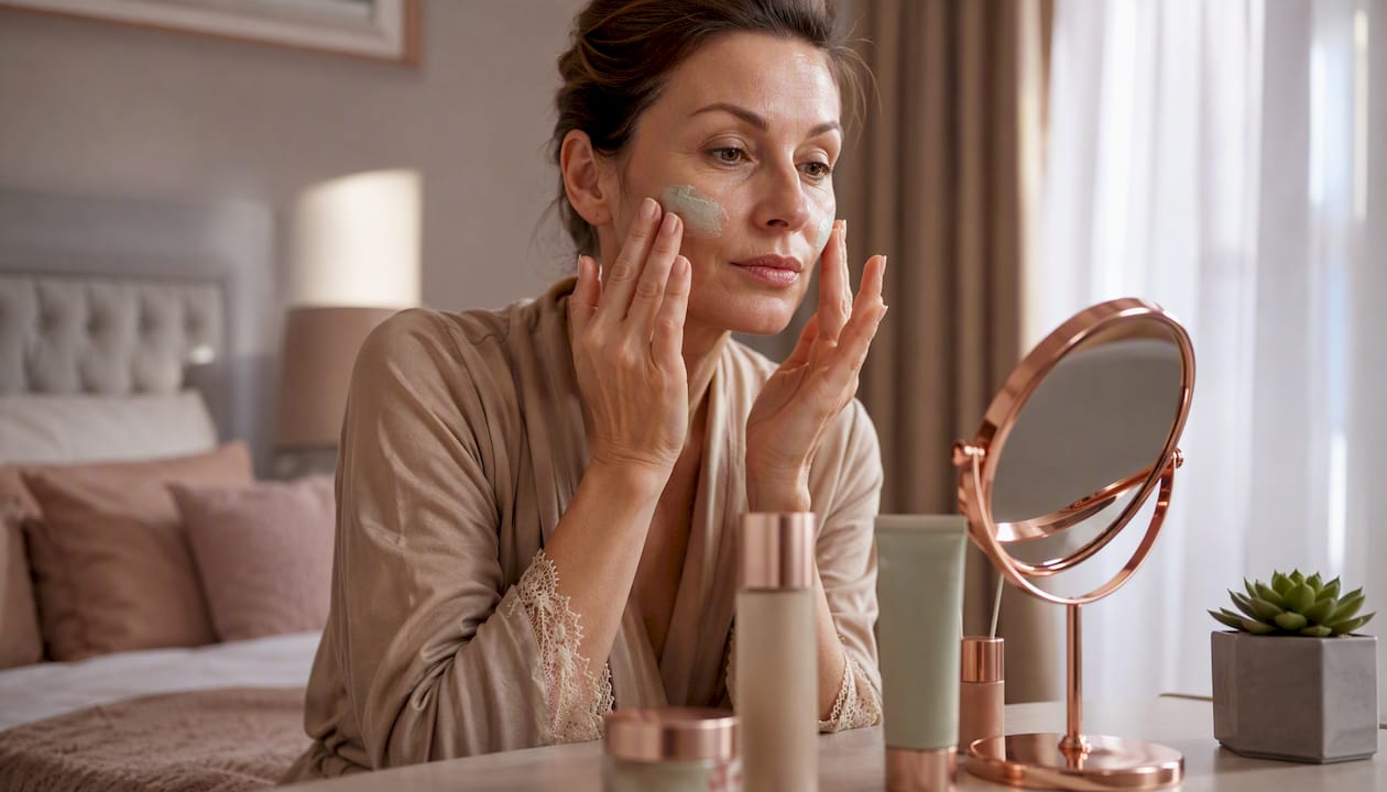 Woman applying green-tinted CC cream