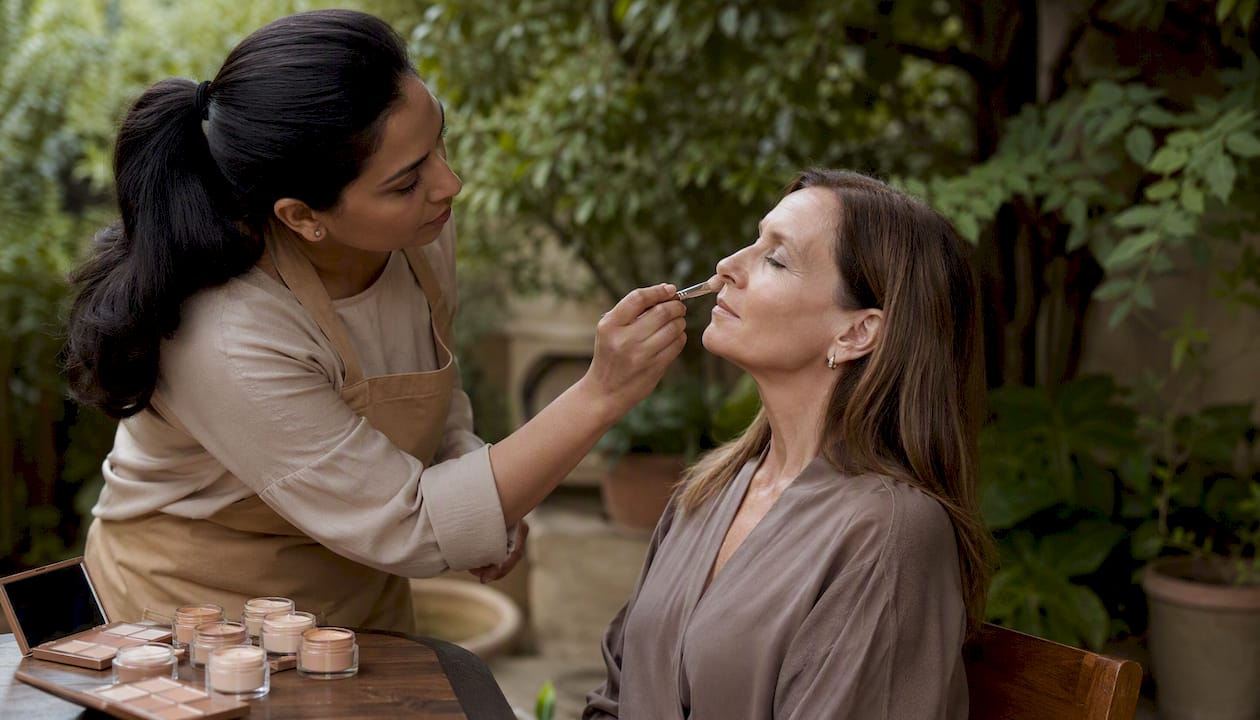 Makeup artist applying peach CC cream on mature skin