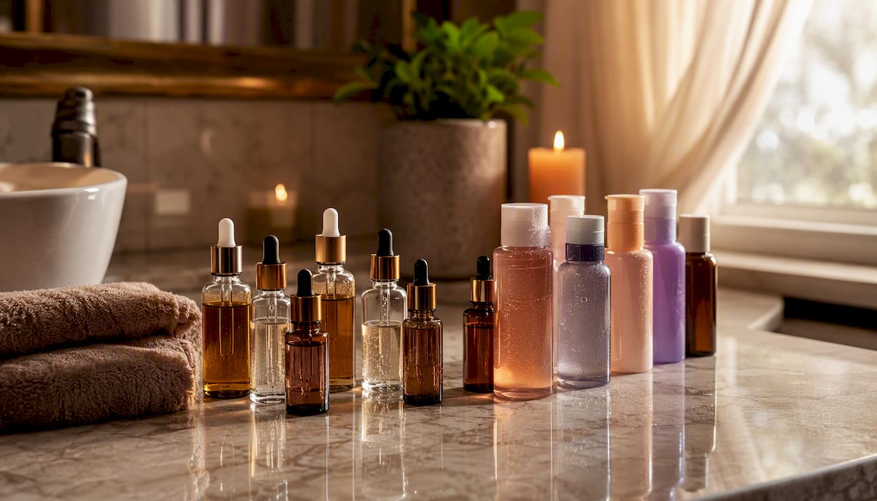 Close-up of luxury and budget serum bottles on vanity
