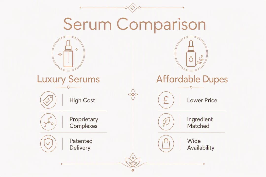 Infographic comparing luxury serums and affordable dupes