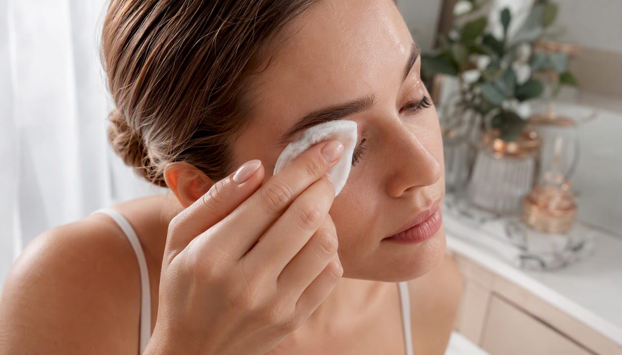 Hand gently wiping eye with soaked cotton pad