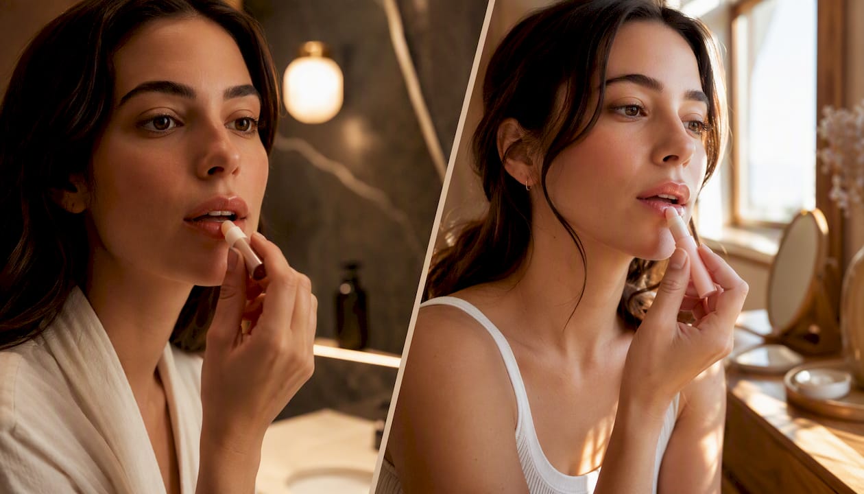 Hands applying day and night lip balms