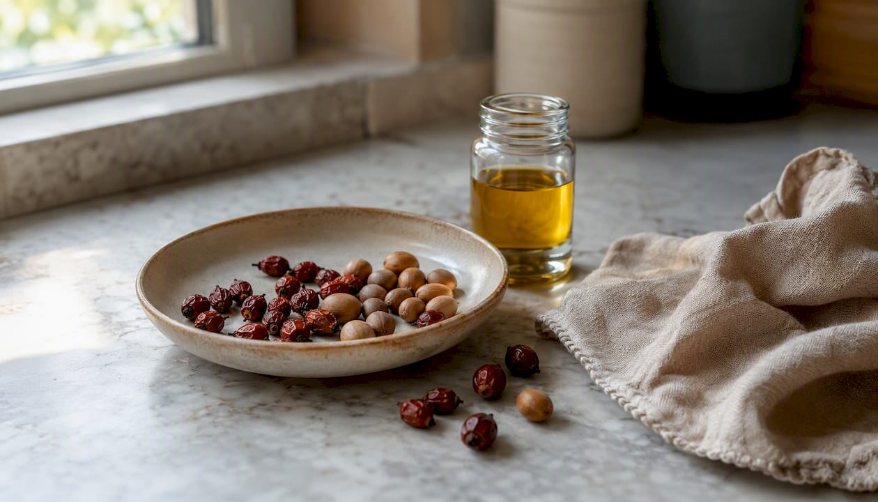 Natural ingredients representing oils for dry mature skin