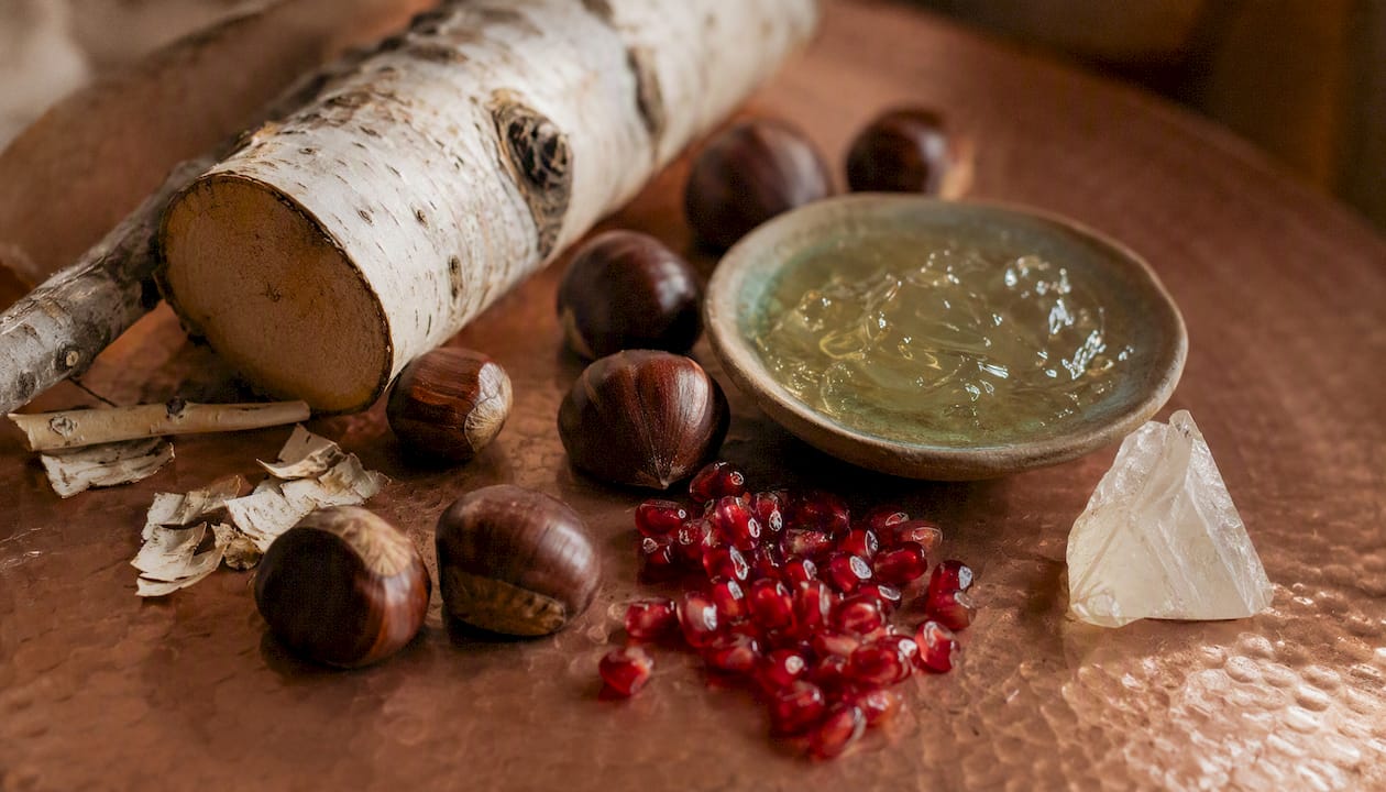 Natural cosmetic ingredients arranged on surface