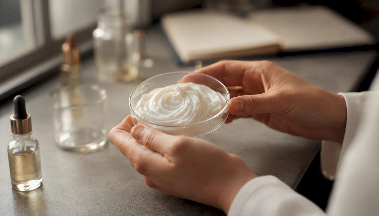 Petri dish with skincare cream in lab setting
