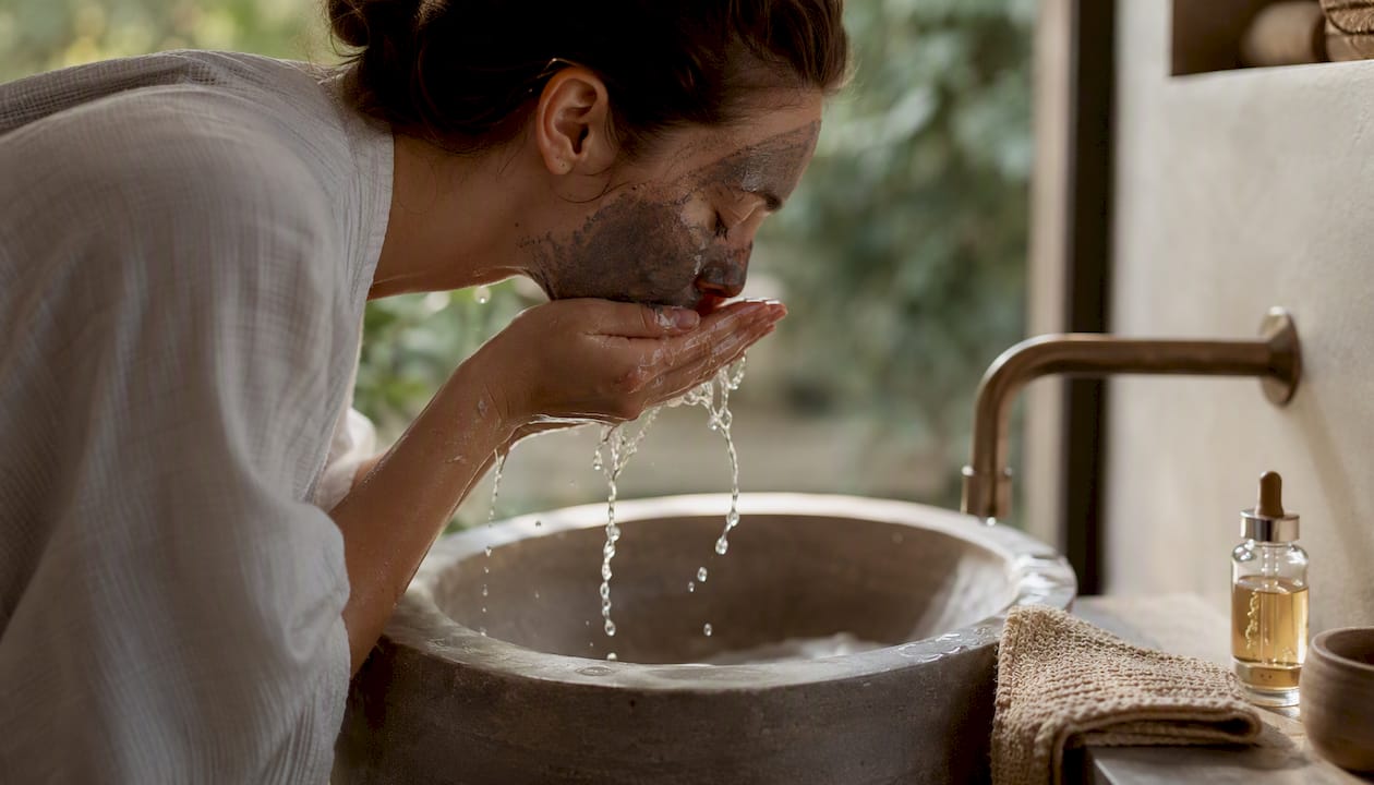 Hands rinsing clay charcoal mask in bathroom sink