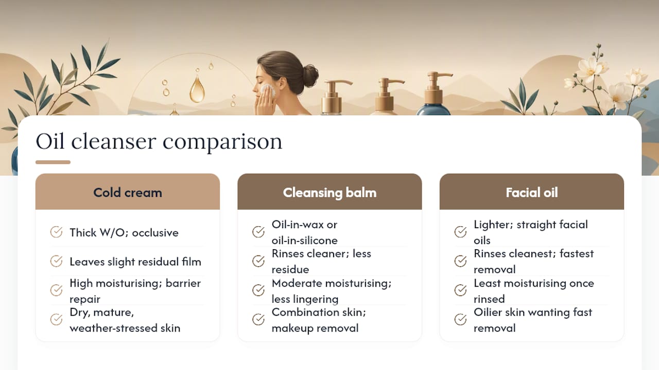 Diagram comparing cleansing oils on texture, rinse, moisturising