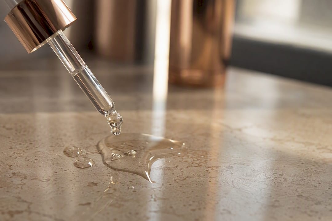 Dropper applying chemical sunscreen solution