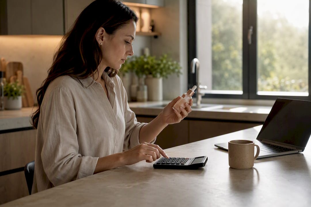 Woman calculating skincare serum price and ingredients