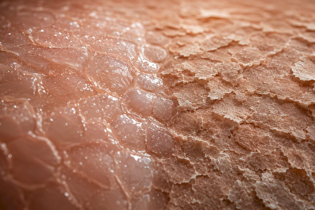Close-up skin texture showing hydration and exfoliation