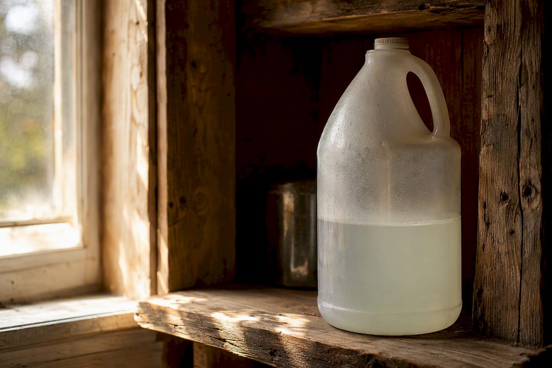 Diluted bleach bottle aging in cupboard