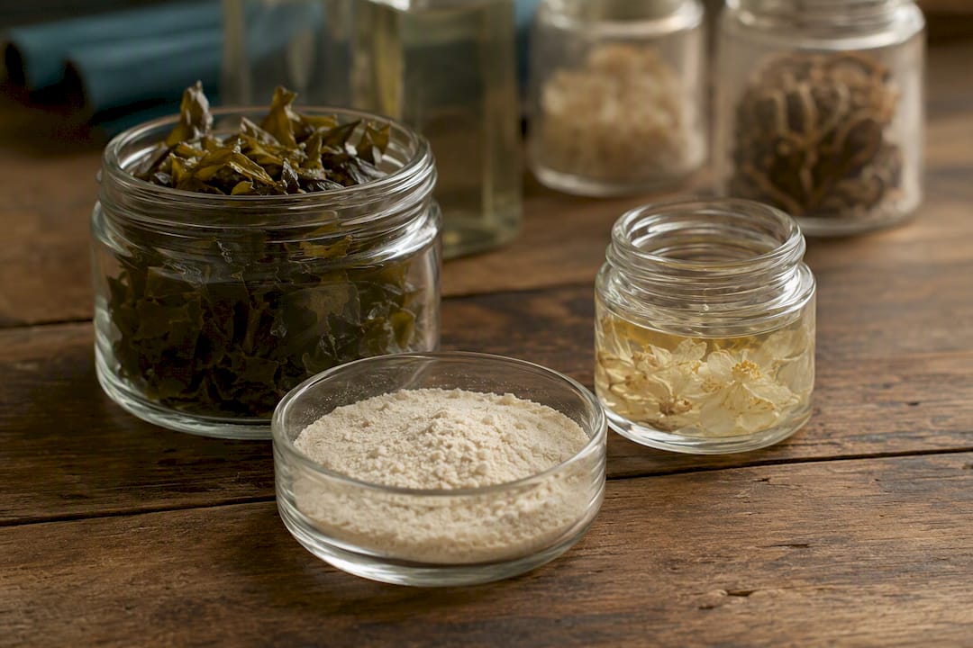 Natural skincare ingredient jars on taupe surface