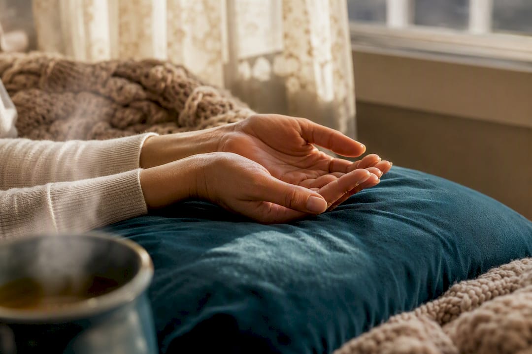 Hydrated hands resting on wool sleeve