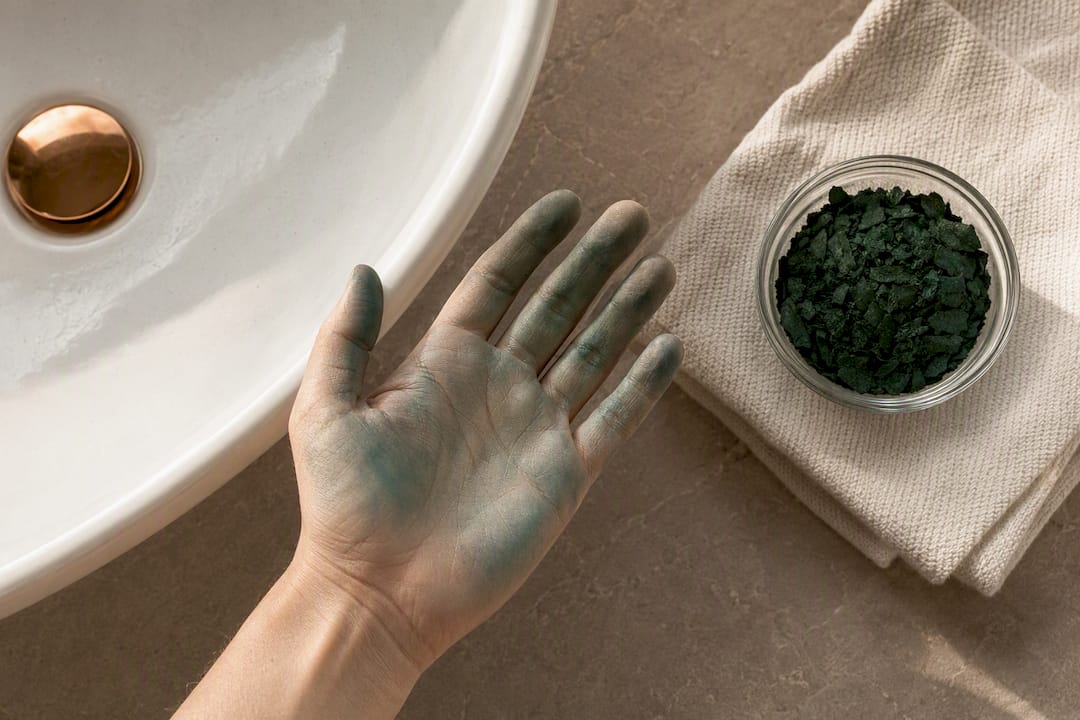 Teal spirulina stain on palm