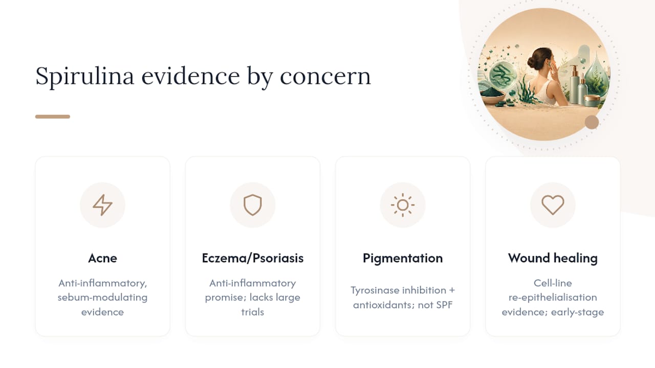 Spirulina evidence across four skin concerns