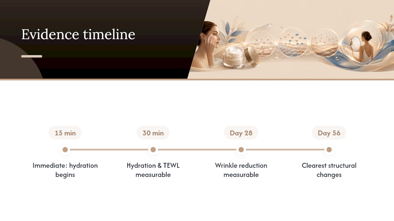 Timeline showing hydration and wrinkle results