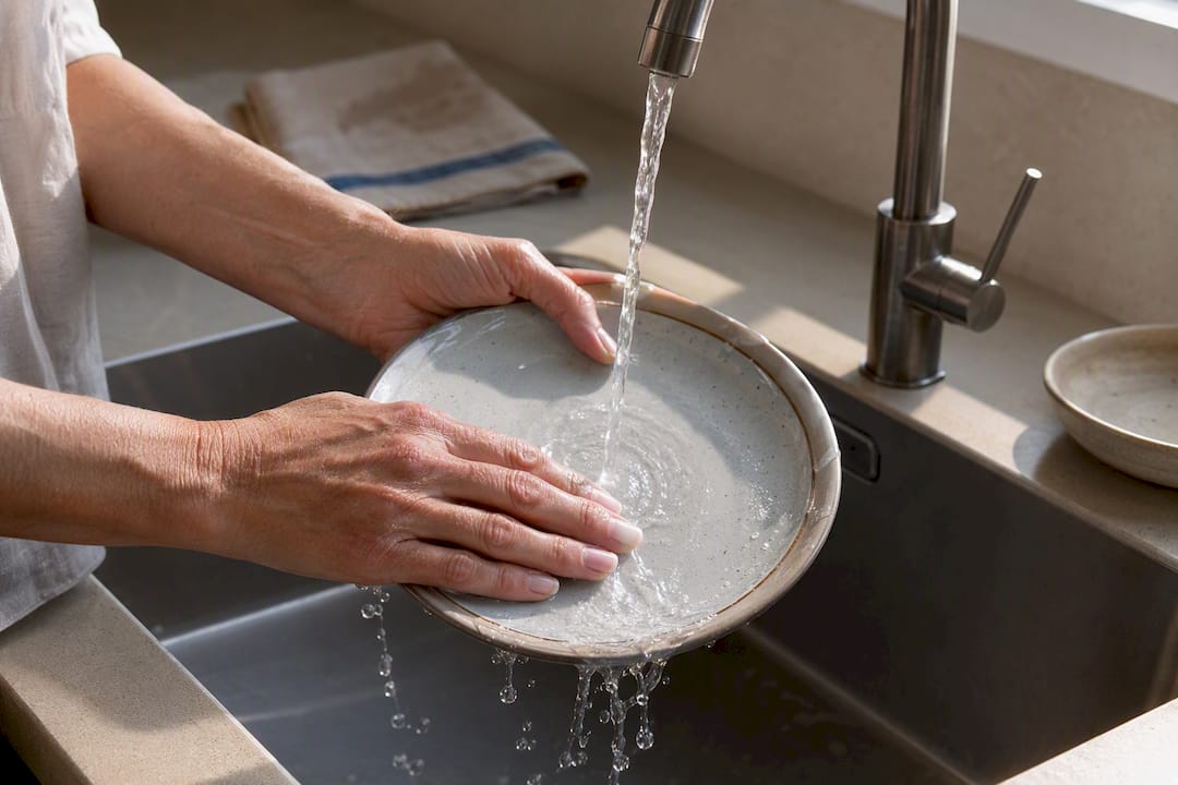 Hands rinsing dishes under running water