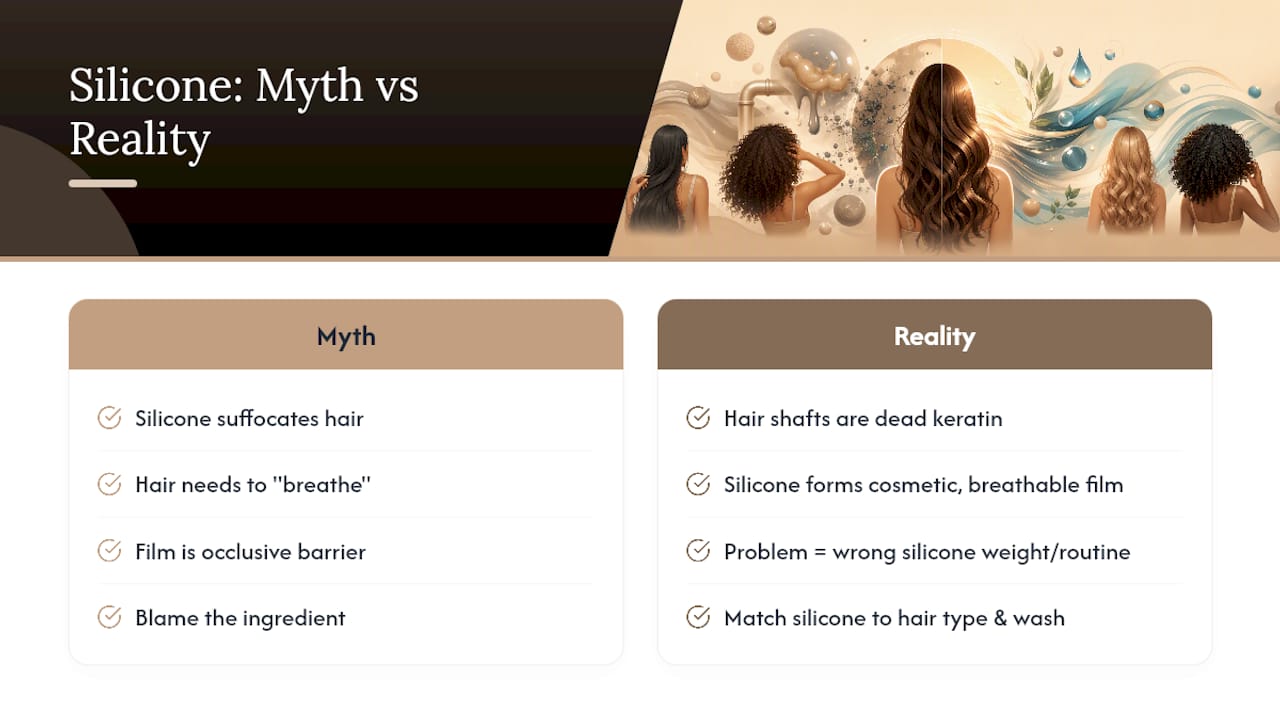Why the "silicone suffocates hair" myth won't die — overview diagram