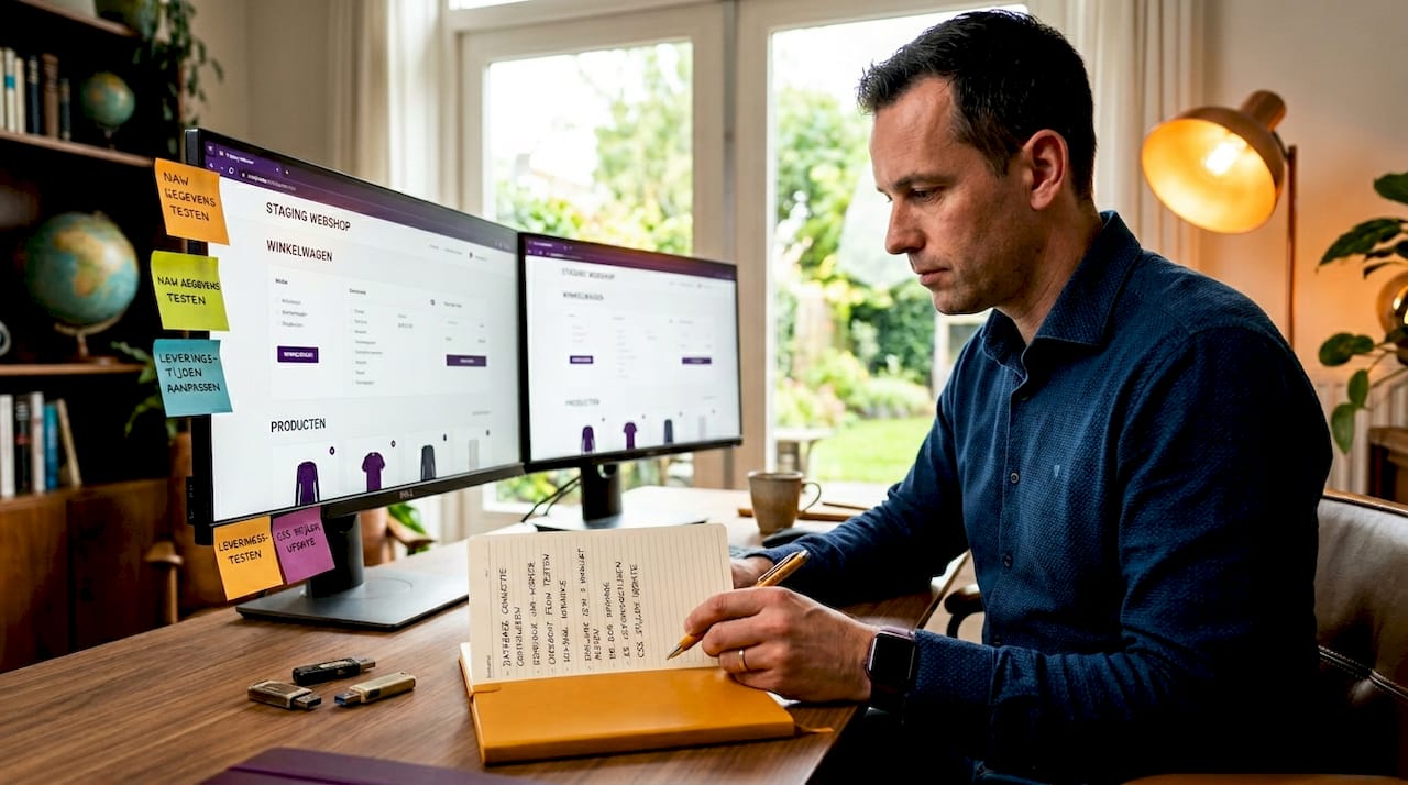 IT-specialist controleert herstelproces van webshop op staging-omgeving