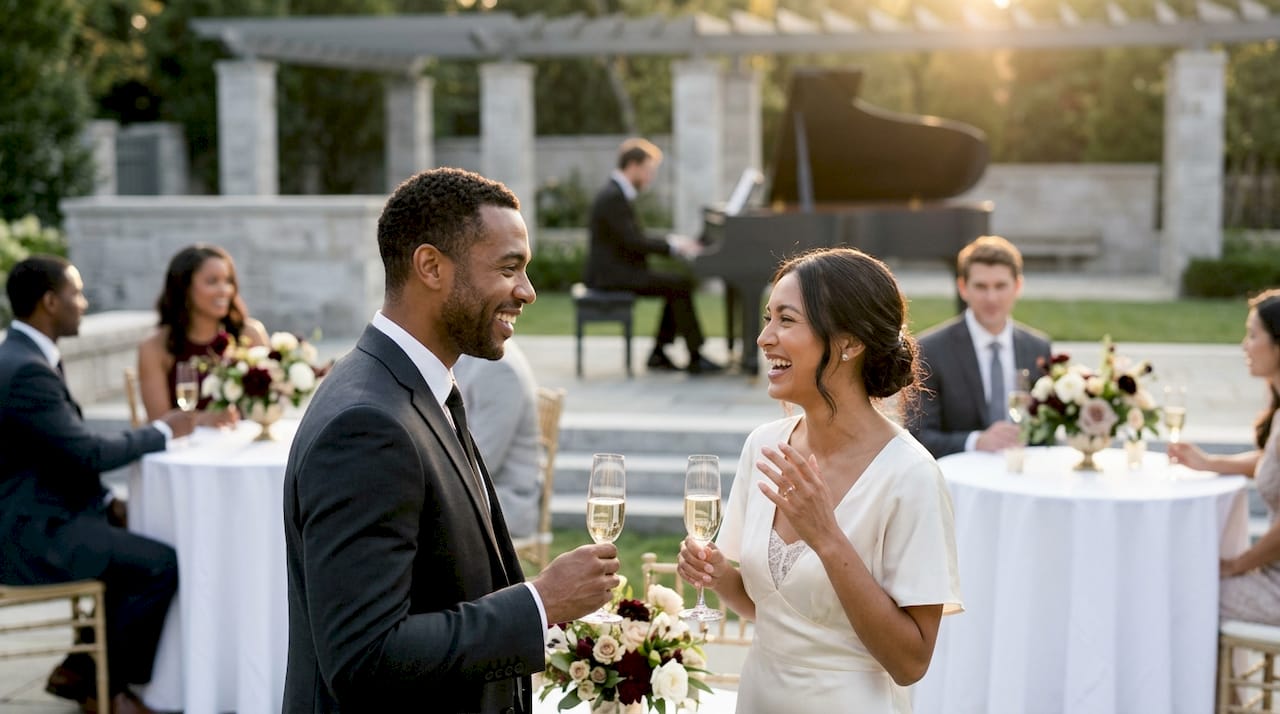 Wedding guests interacting during live music
