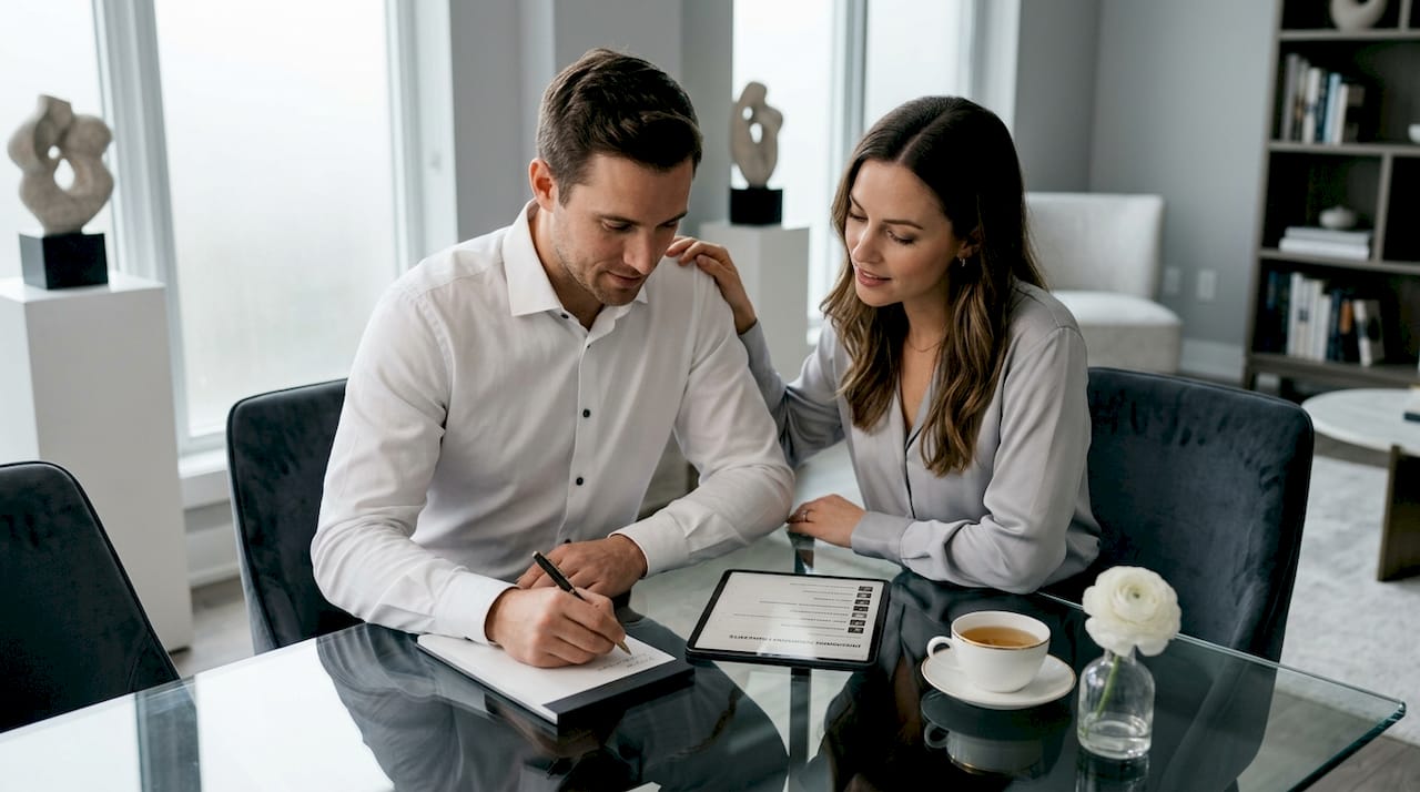 Couple reviewing wedding entertainment options