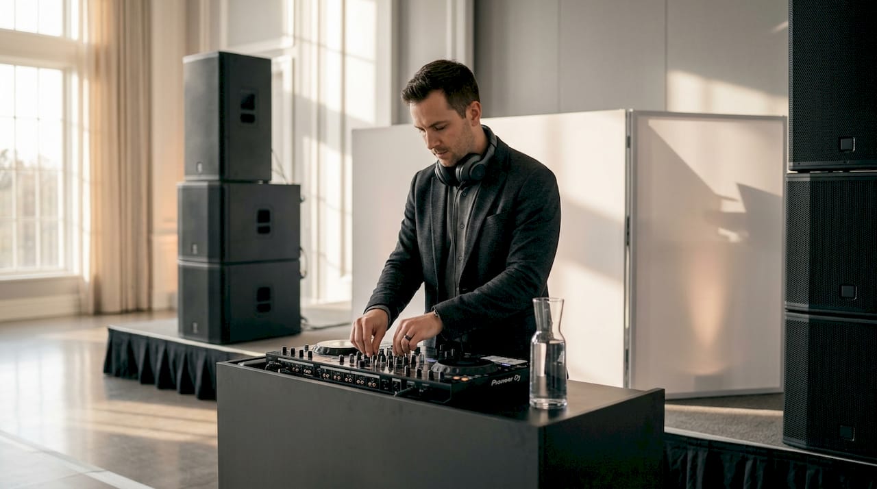 Wedding music vendor preparing DJ equipment