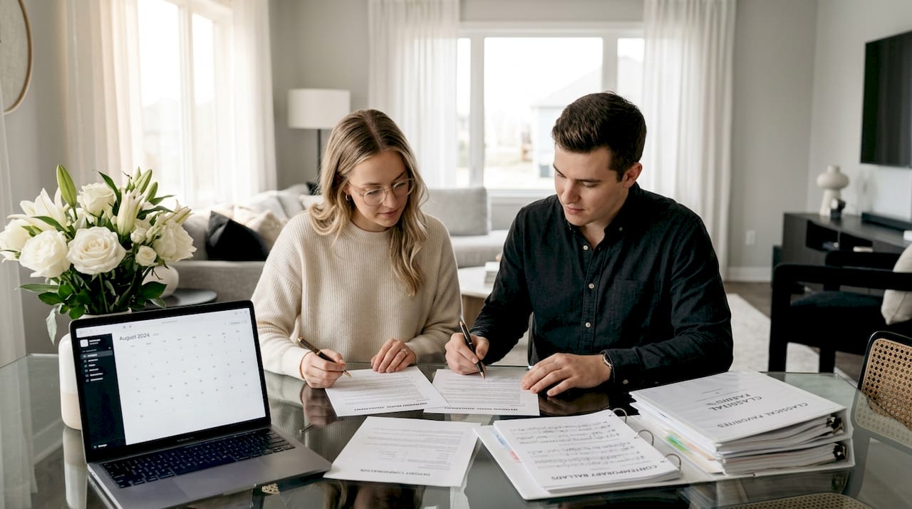Couple signing wedding music deposit contract
