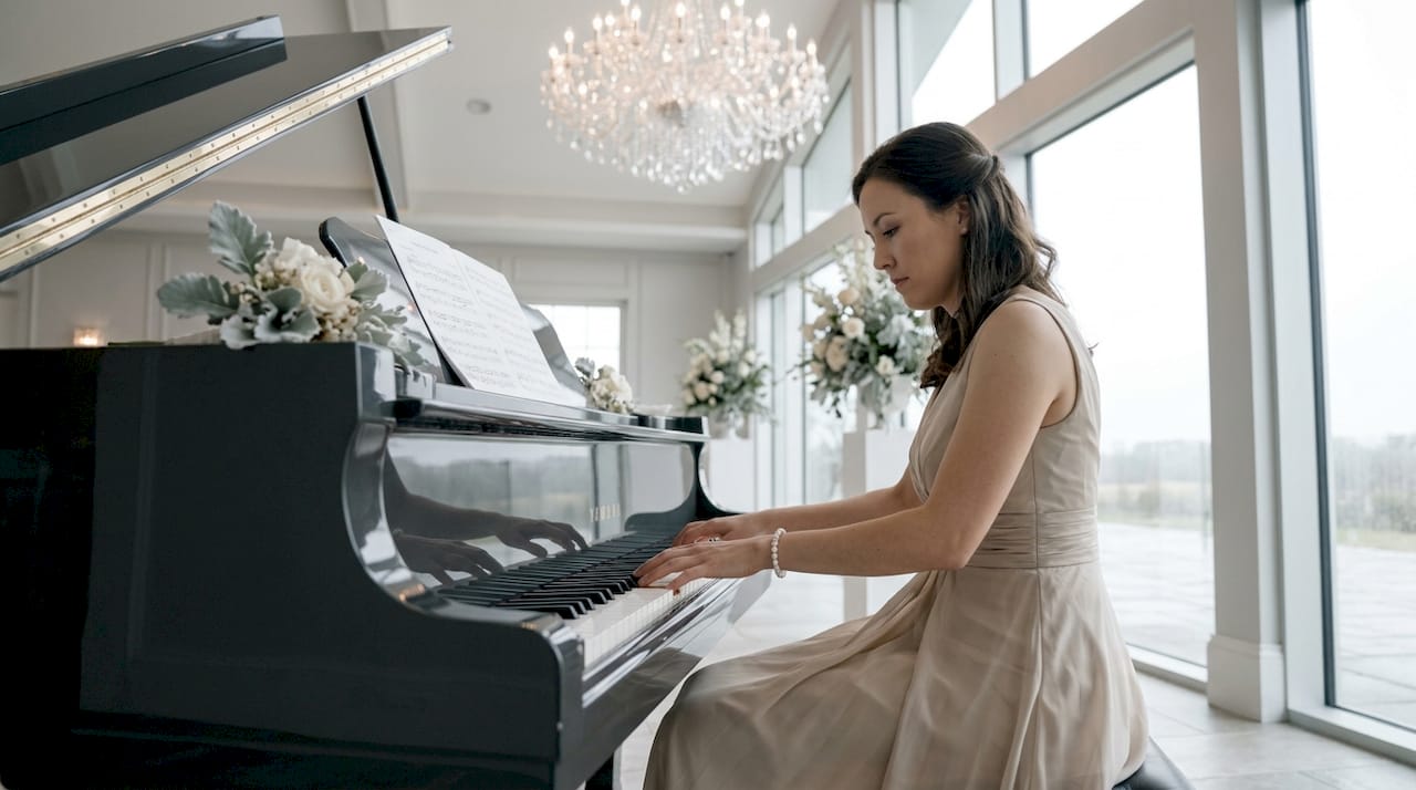 Pianist playing grand piano at upscale wedding