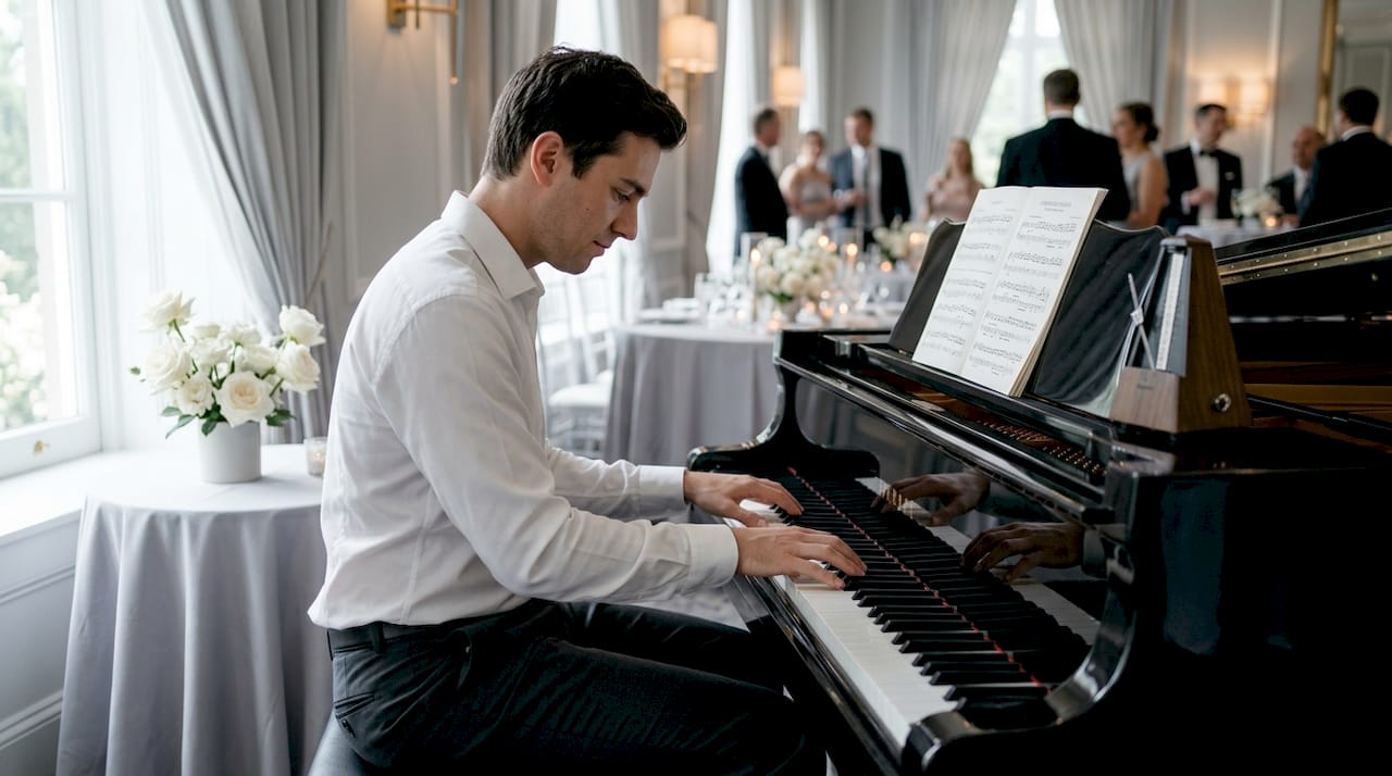 Close-up of pianist hands playing grand piano