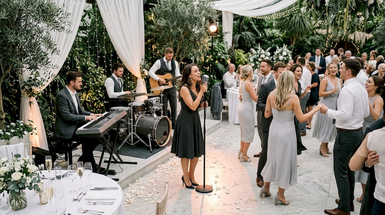 Live band playing at wedding reception with dancing guests
