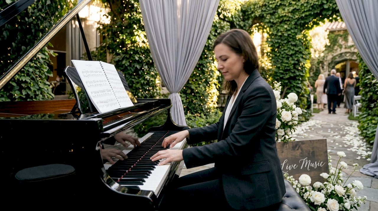 Pianist playing piano at outdoor wedding ceremony