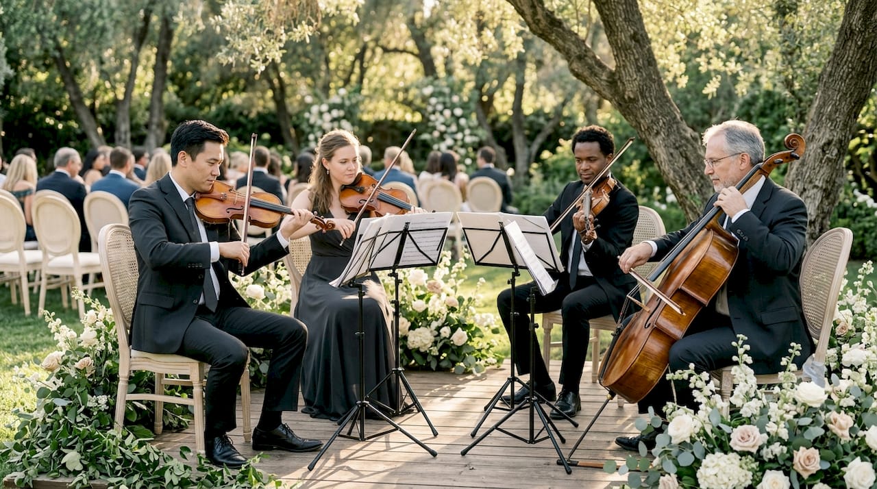 Live string quartet performing at wedding ceremony