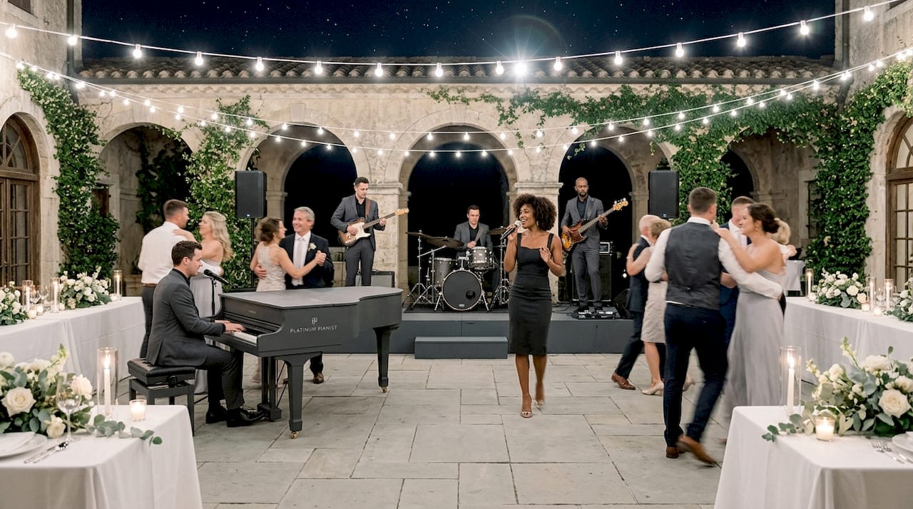 Guests dancing to live band at wedding reception