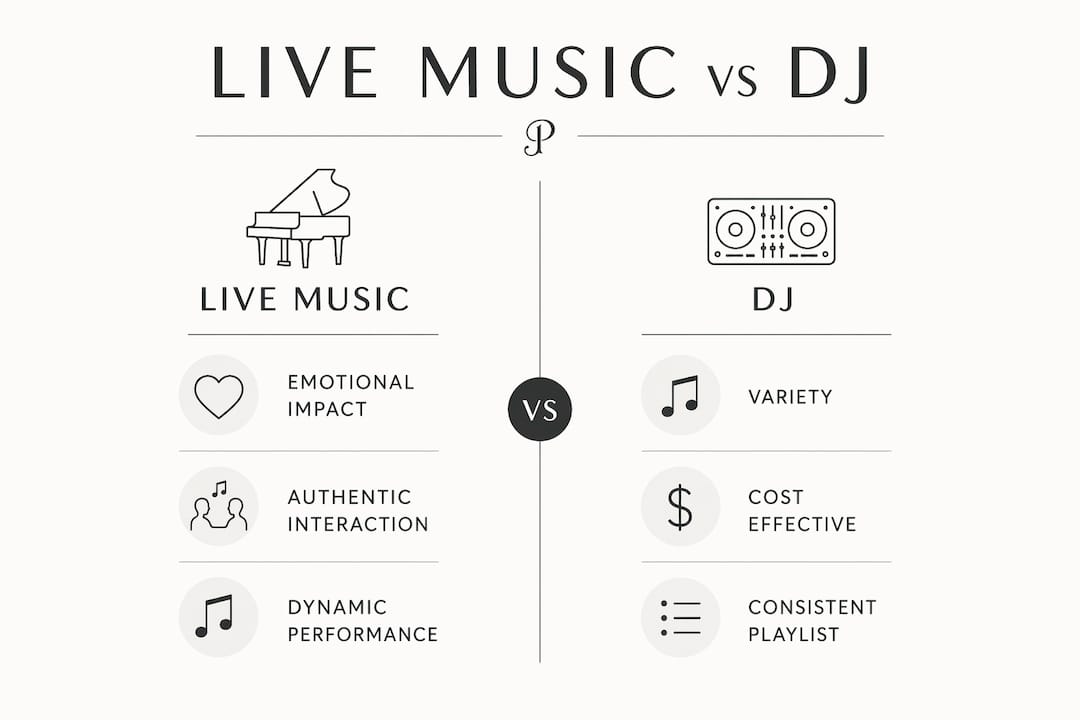 Infographic comparing live music and DJ at weddings