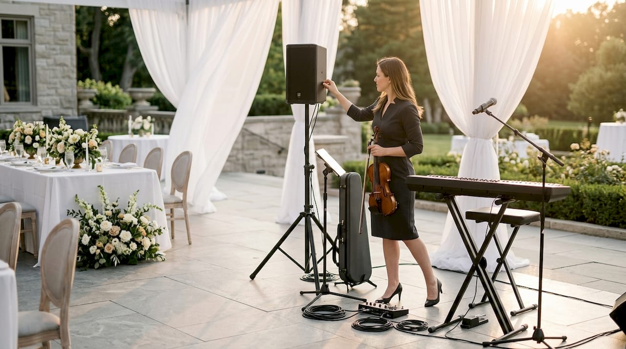 Violinist preparing sound equipment at wedding reception