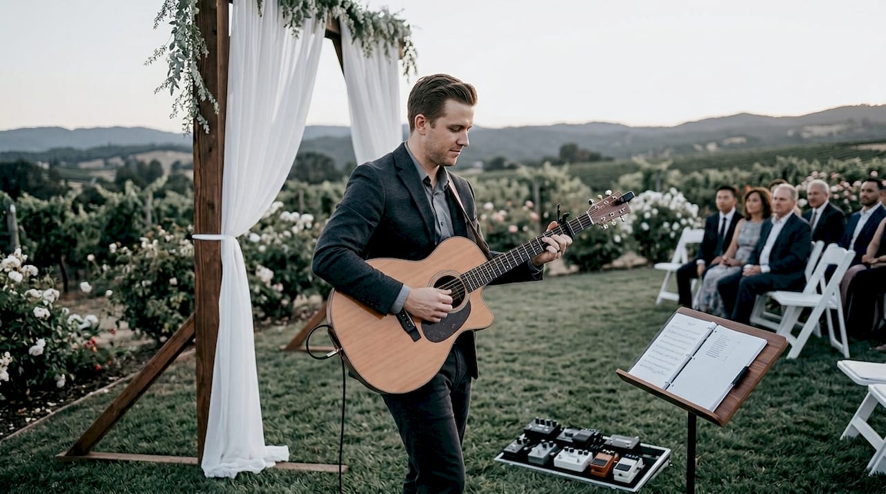 Wedding musician playing acoustic guitar at ceremony
